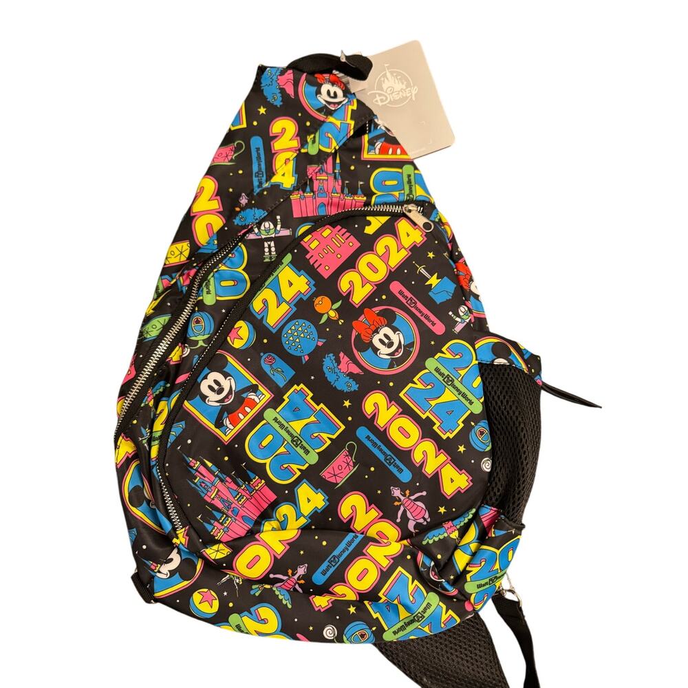 2024 Disney Parks Walt Disney World Crossbody Sling Bag Black Neon Mickey Castle